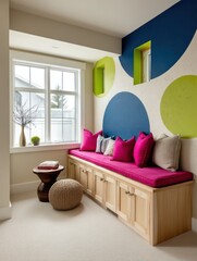 An enchanting children's playroom with an accent wall featuring playful circles in cobalt blue, neon green, and hot pink