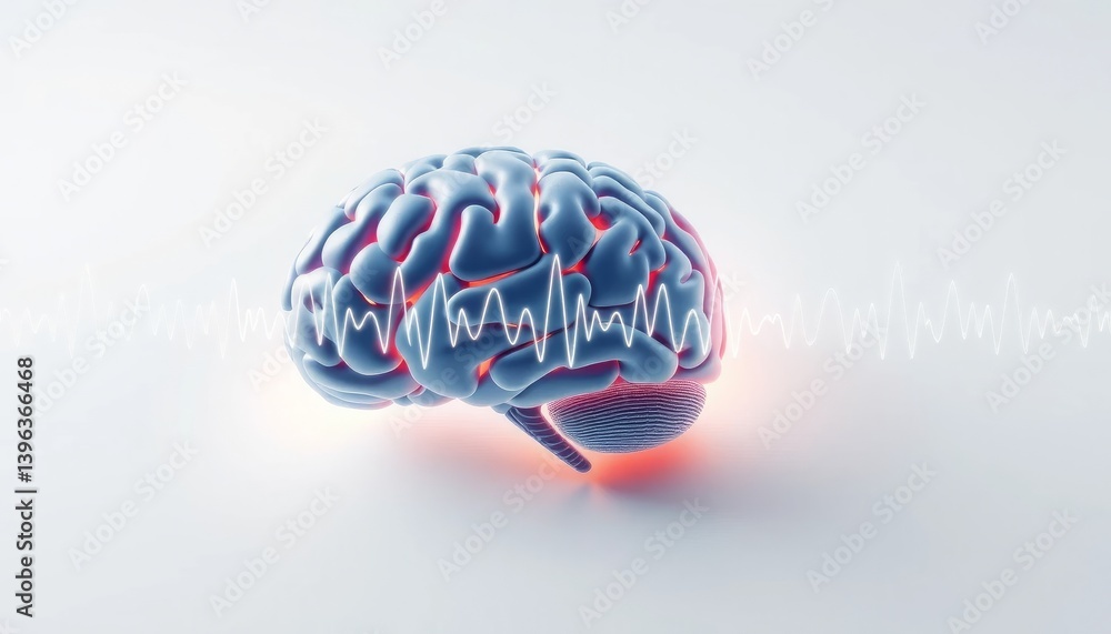 Aufkleber 3d rendering of a human brain with glowing internal structures and brainwave