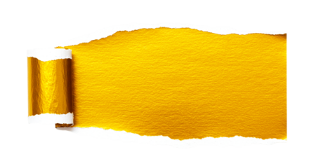 A torn piece of golden paper with a curled edge isolated on a black background in a horizontal format