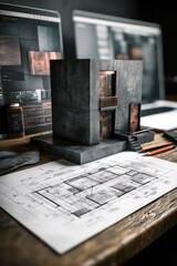 An industrial-chic miniature apartment resting on architectural drawings, featuring moody slate-grey walls, rustic copper furniture, and dark walnut decorative pieces
