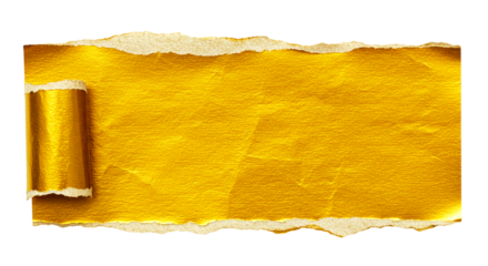 A golden torn paper with a rolled edge revealing a shiny surface against a black background texture