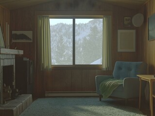 Cozy cabin interior with a view of snowy mountain landscape through a window.  A comfy armchair and fireplace add to the scene's warmth.