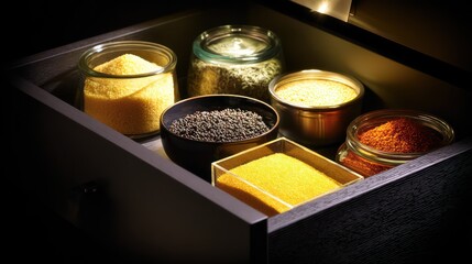 An intimate look inside a kitchen cabinet drawer, lit to highlight a variety of couscous