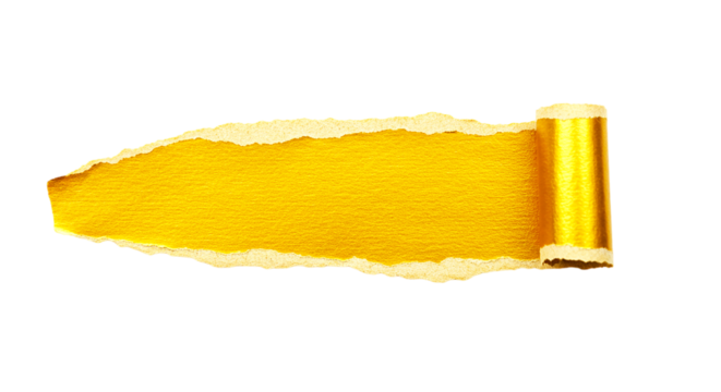 A golden torn paper with a curled edge on a black background showcasing texture and detail in the tear - Powered by Adobe