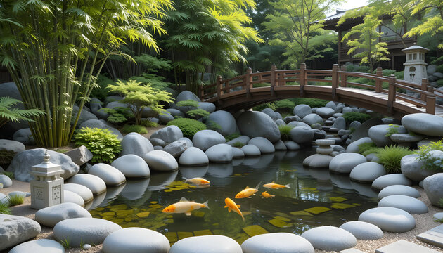 Modern minimalist zen garden design with koi pond tranquil setting nature photography serene viewpoint