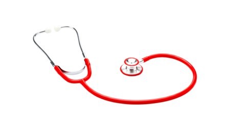 A red stethoscope with silver accents isolated against a plain black studio background shot close up