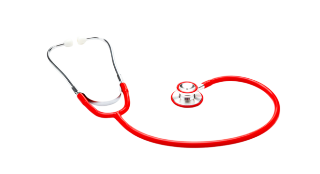 A red stethoscope with silver accents isolated against a plain black studio background shot close up