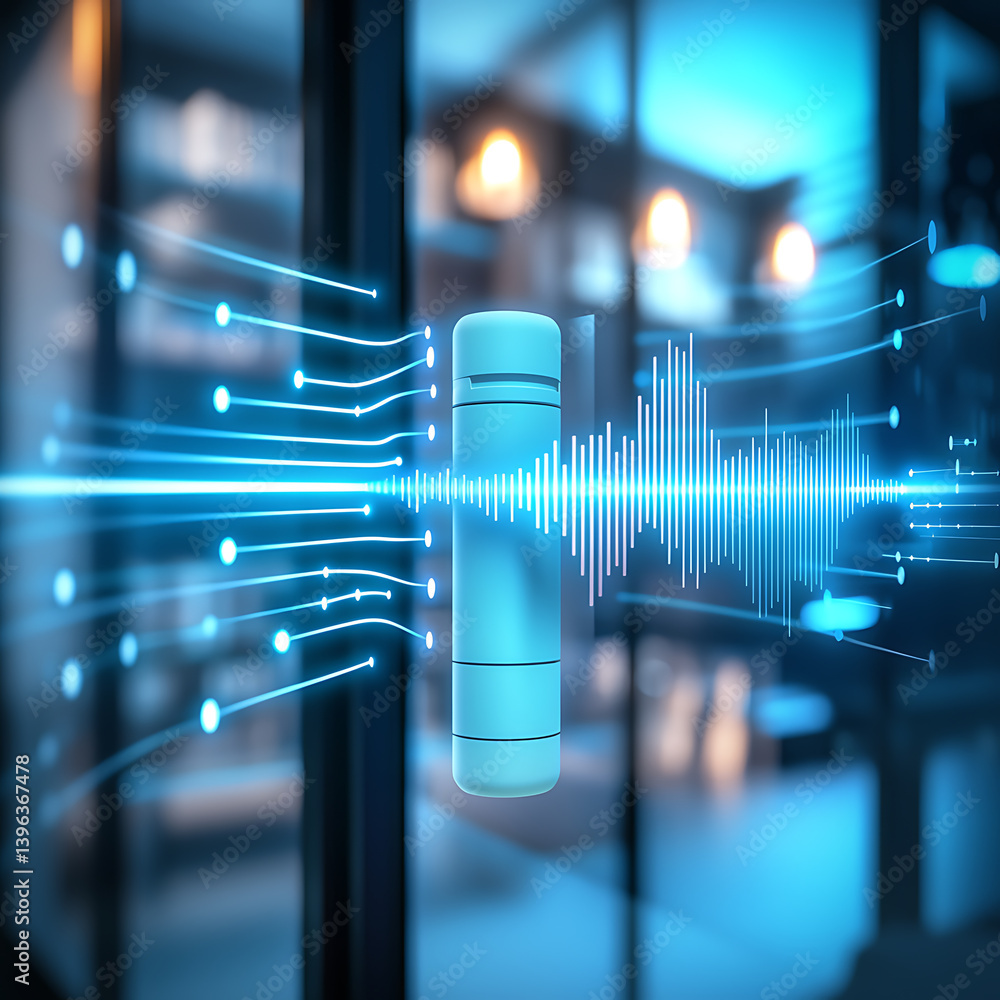 Poster exploring sound waves and audio technology modern studio digital art high-tech environment close-up 