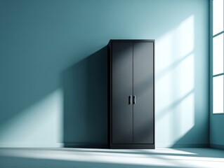 Clean and minimalist modern home featuring a solid matte black wardrobe against a pale blue wall, creating a spacious backdrop with blank space for a design mock-up or advertisement