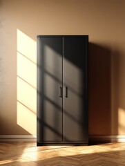 Contemporary and minimalist 3D render of a black wardrobe with closed doors set against a warm taupe wall