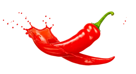 Fotobehang Chili Pepers A red chili pepper with a splash of red liquid on a black background in a studio shot image style  © Md_Hasnain_Asif