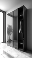 Contemporary minimalist home with a polished onyx-black wardrobe, perfectly aligned against a light gray wall