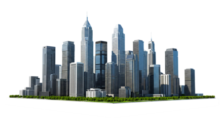 Skyline view of a modern city with tall skyscrapers against a black background on a sunny day scene