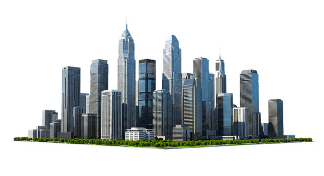 Skyline view of a modern city with tall skyscrapers against a black background on a sunny day scene - Powered by Adobe