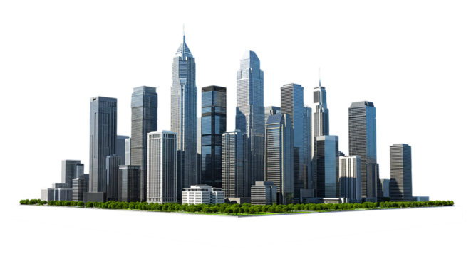 Skyline view of a modern city with tall skyscrapers against a black background on a sunny day scene