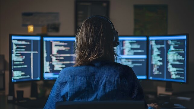 Programmer working late at night, viewed from behind, surrounded by multiple monitors displaying lines of code.  Image depicts dedication and late-night work.