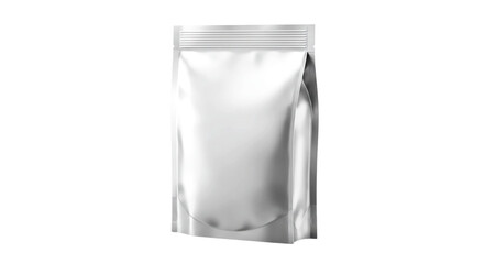 A close up view of a blank silver stand up pouch on a black background in studio lighting