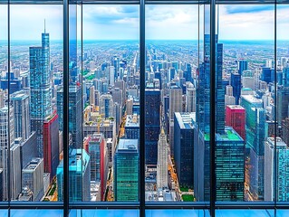 Panoramic Cityscape Beyond Glass Panes, An Urban Aerial Vista Capture