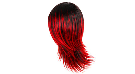 A striking wig featuring a gradient from dark roots to vibrant red tips with a layered shoulder...