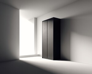 High-contrast minimalist design featuring a deep black wardrobe on a stark white wall, offering an open, empty area for brand design, advertisements, or mock-up use