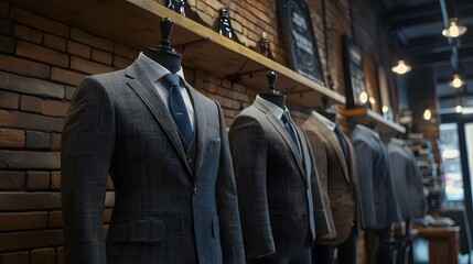 Row of mannequins in retro-style suits with vintage lighting.

