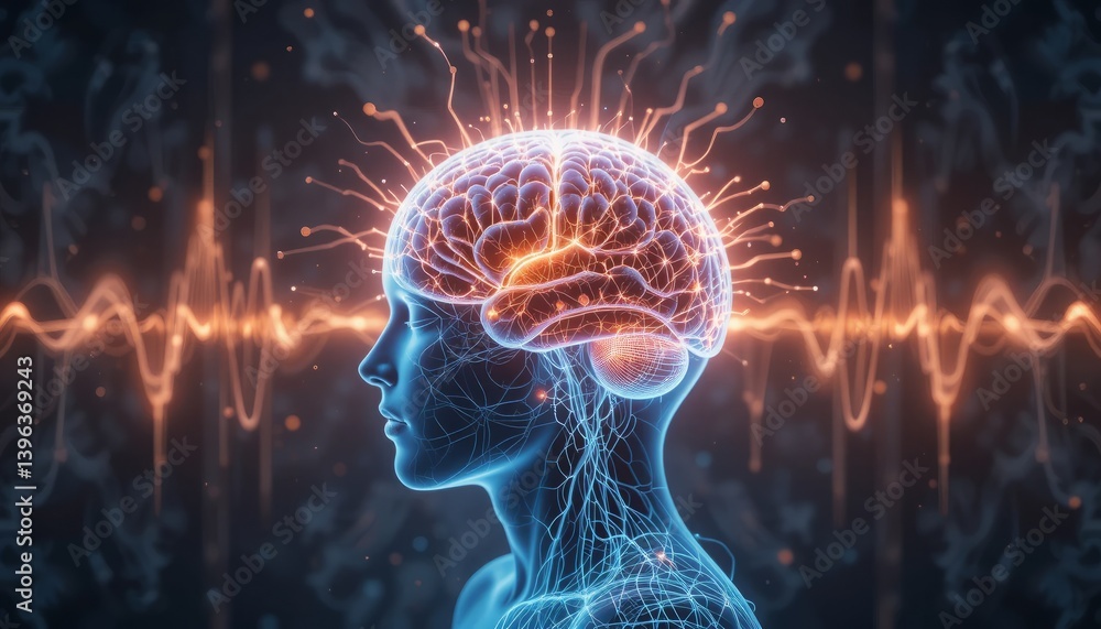 Poster abstract glowing mind with energy waves digital artwork using concepts of