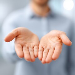 A person extends both hands forward, palms open, suggesting an invitation or offering, with a soft focus background creating a warm atmosphere.