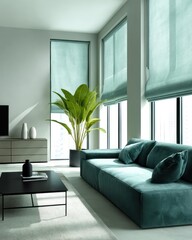 Modern minimalist living room with soft beige roller blinds drawn over floor-to-ceiling windows, muted teal velvet sofa, and matte black coffee table