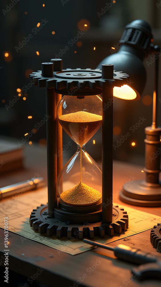 Poster gear hourglass on blueprint bench with floating schematics. engineer's lamp illuminates tools at 12k