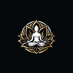 Obraz premium Yoga logo. Meditation symbol. Lotus position. Vector illustration. Yoga lotus and lotus flower vector logo. Meditation symbol.