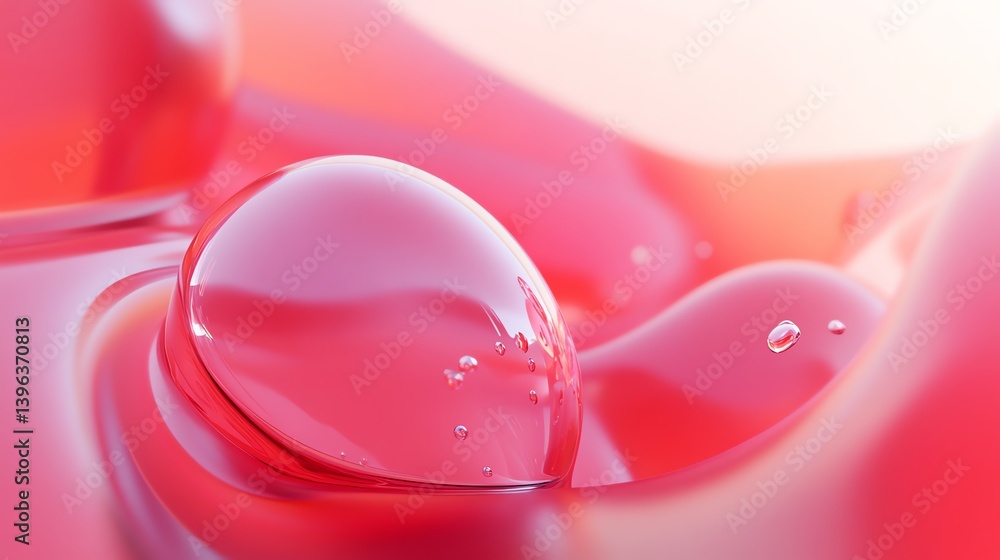 Poster close-up water drop on red surface with abstract soft lighting