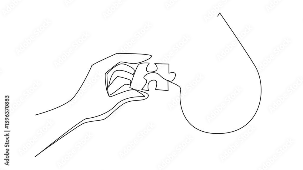 Aufkleber self drawing animation of single line drawing a hand holding a puzzle piece and wanting to put it in