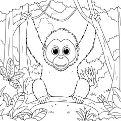 Orangutan in a forest Drawing book illustration for kids. Animal. Coloring page