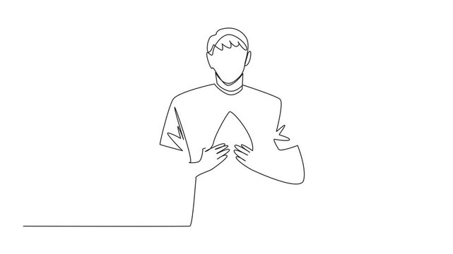 Animated self drawing of single continuous line drawing a man holds drops of blood with both hands while pointing forward. Concern. World Hemophilia Day. Full length single line animation