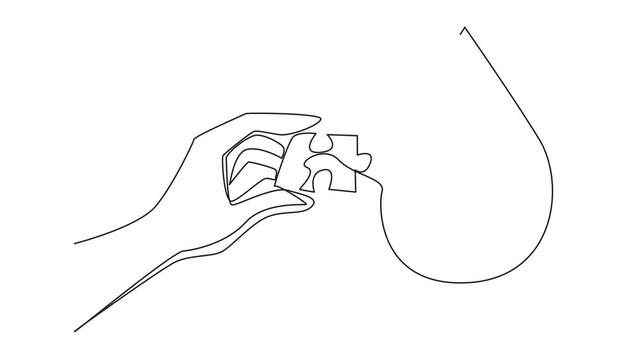 Self drawing animation of single line drawing a hand holding a puzzle piece and wanting to put it in a drop of blood. Donation as a complement to happiness. World Hemophilia Day. Full length animated