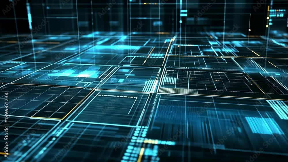 Poster digital circuit board with glowing blue lines and grid patterns representing advanced technology and