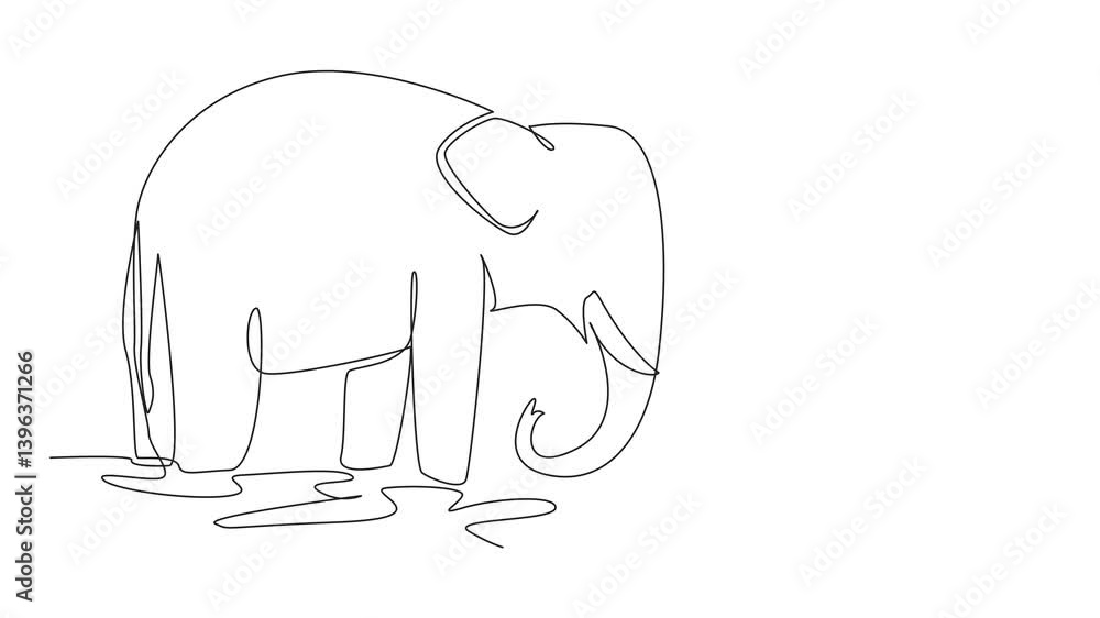 Poster animated self drawing of single one line drawing a man is playing while watering an adult elephant. 