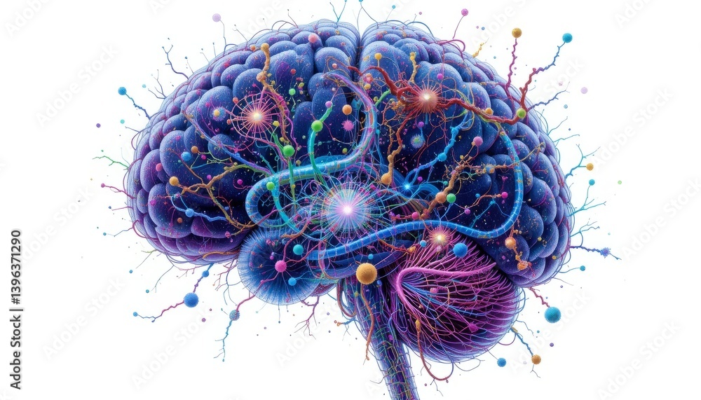 Poster colorful 3d rendering of a human brain with vivid neural connections and energy