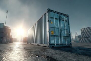Fototapeta premium Shipping Container in Port Terminal, Blue Steel with Marks, Photograph, Logistics and Transportation Concept, Sunlit Sky Background