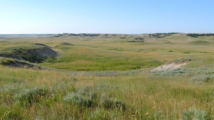 Fototapeta premium Serene prairie landscape under a clear blue sky. Rolling hills, grasses, and distant horizon create a peaceful vista. Ideal for travel, nature, and environmental projects.