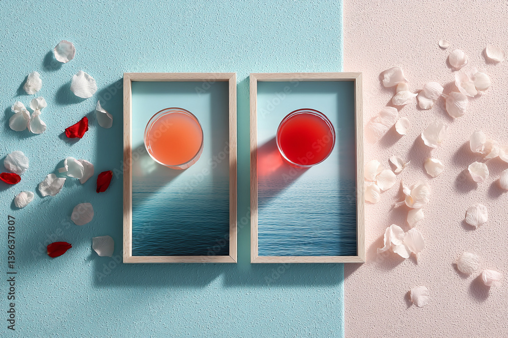 Poster two drinks with matching color themes framed by scattered petals on textured surface. vibrant colors