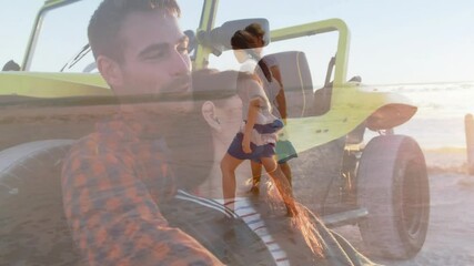 Walking on beach, couple with dune buggy and animation of sunset scene
