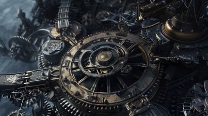 Immerse in the Steampunk World: A Grand Display of Gear Clockwork Mechanisms! The picture presents a complex steampunk - style gear clockwork mechanism. The bronze - colored gears are interlocked