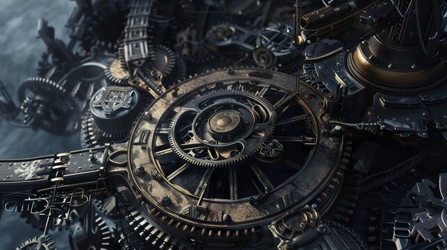 Immerse in the Steampunk World: A Grand Display of Gear Clockwork Mechanisms! The picture presents a complex steampunk - style gear clockwork mechanism. The bronze - colored gears are interlocked
