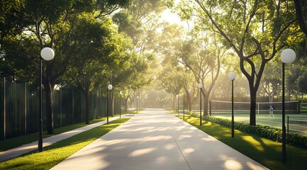 Pathway lined with trees and light posts in a park with sunlight.