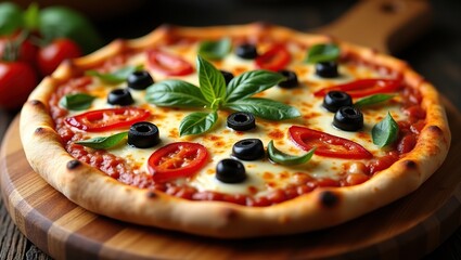 Freshly Baked Pizza with Olives, Tomatoes, and Basil on Wooden Board