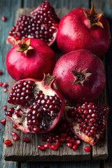 Pomegranate Still Life: Ripe Fruits on Rustic Wooden Board Photography, Healthy Eating, Dark Food Photography