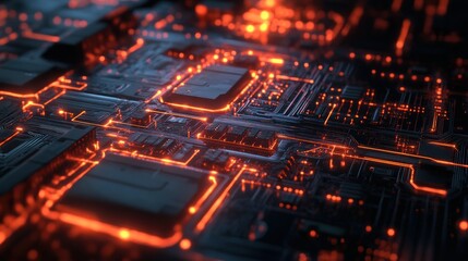 Obraz premium A futuristic circuit board glowing with sentient energy, --ar 16:9 --v 6.1 Job ID: 5701ed43-3ab6-48ed-b33c-7288b8aedf60