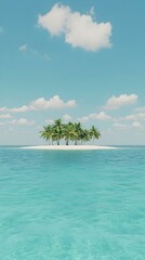 Idyllic tropical island with palm trees in turquoise ocean under a blue sky with fluffy clouds. Perfect for travel, vacation, and paradise themes.
