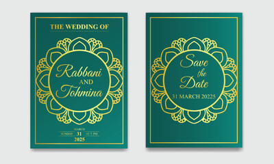 Luxury wedding invitation card template with golden pattern